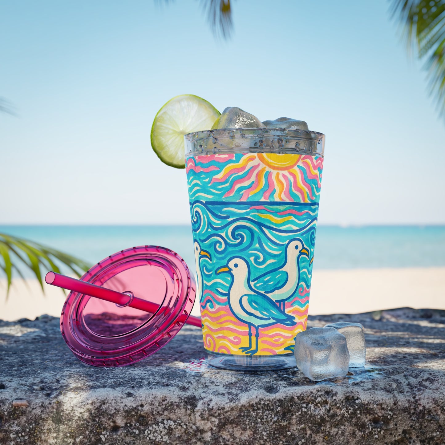 Tropical Tumbler with Straw | 16oz Colorful Travel Cup / Tropical Beach Seagulls