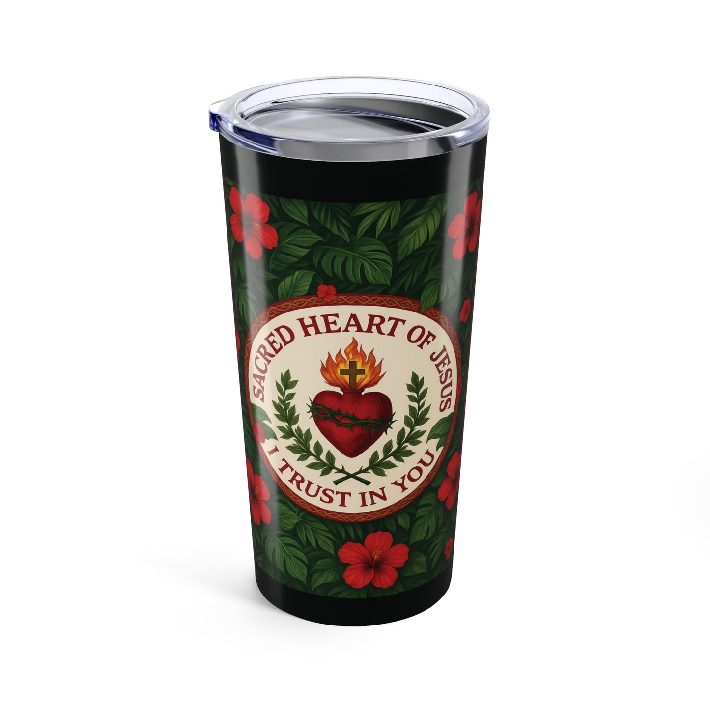 Religious 20oz Tropical Glossy Tumbler - Sacred Heart of Jesus Prayer, Black