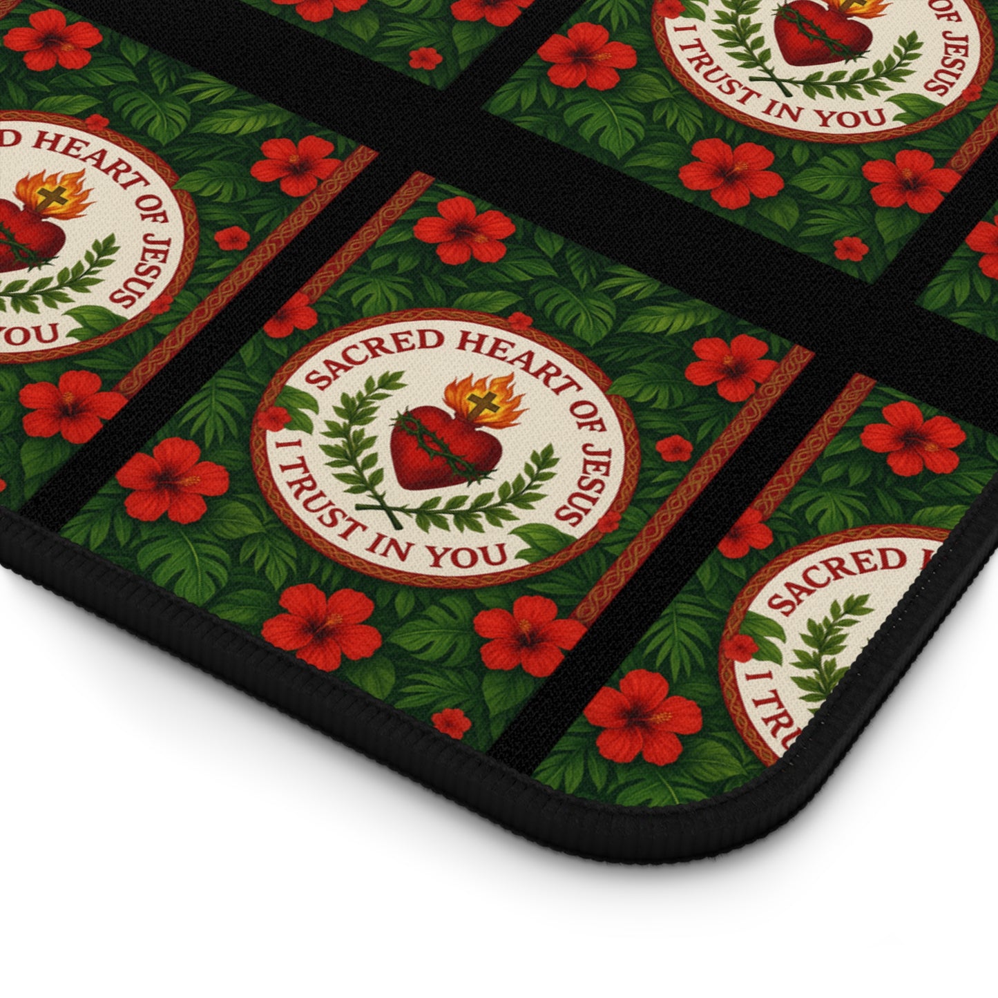 Tropical Religious Mouse Pad/Desk Mat, 3 Sizes - Perfect for Home Office / Sacred Heart of Jesus Prayer, Black