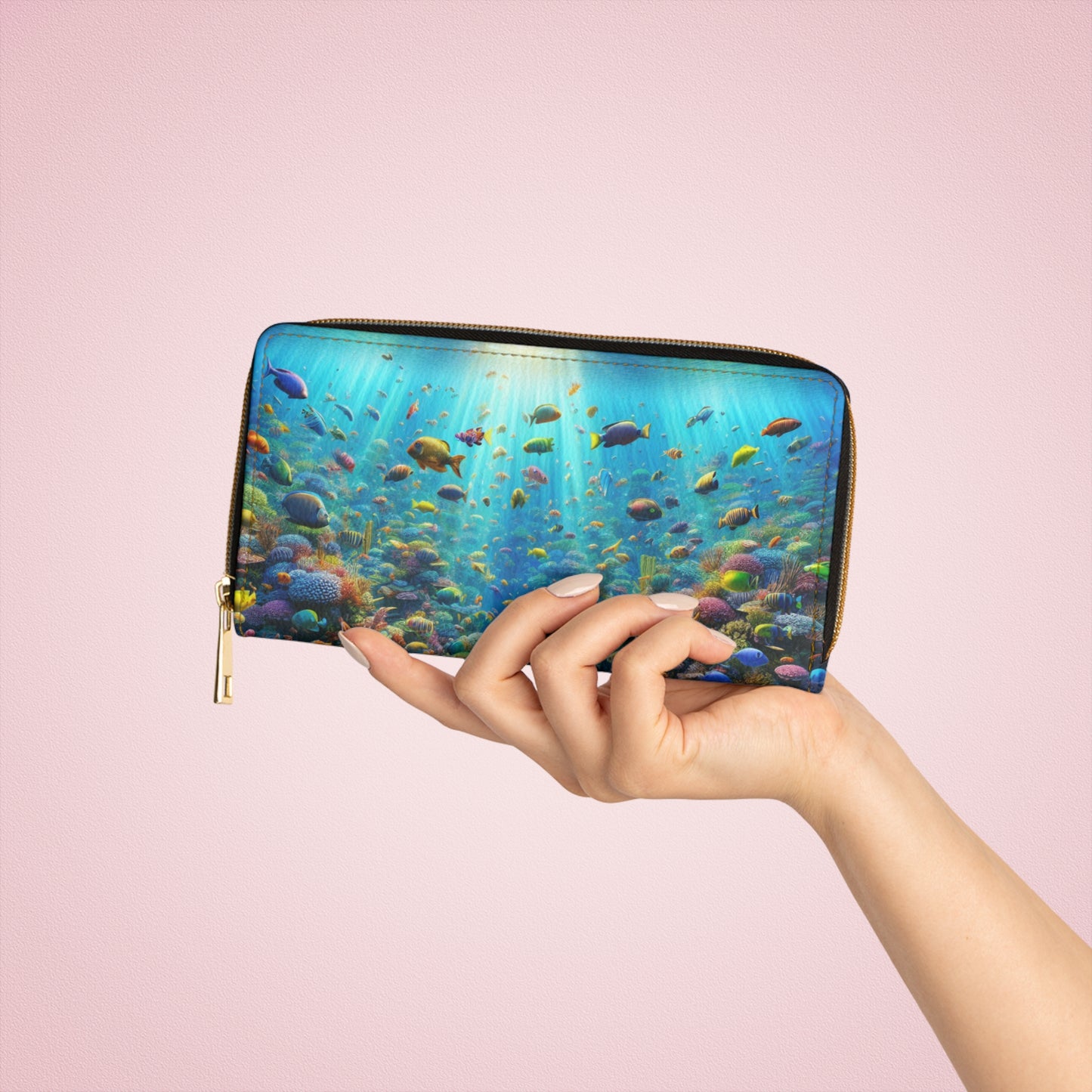 Tropical Zipper Wallet, Faux Leather / Vibrant Clutch / Busy Coral Reef