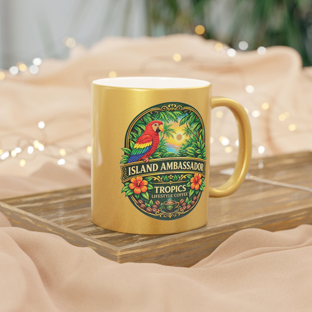 Island Ambassador Metallic Mug — Tropical Parrot Coffee Cup (Silver/Gold)