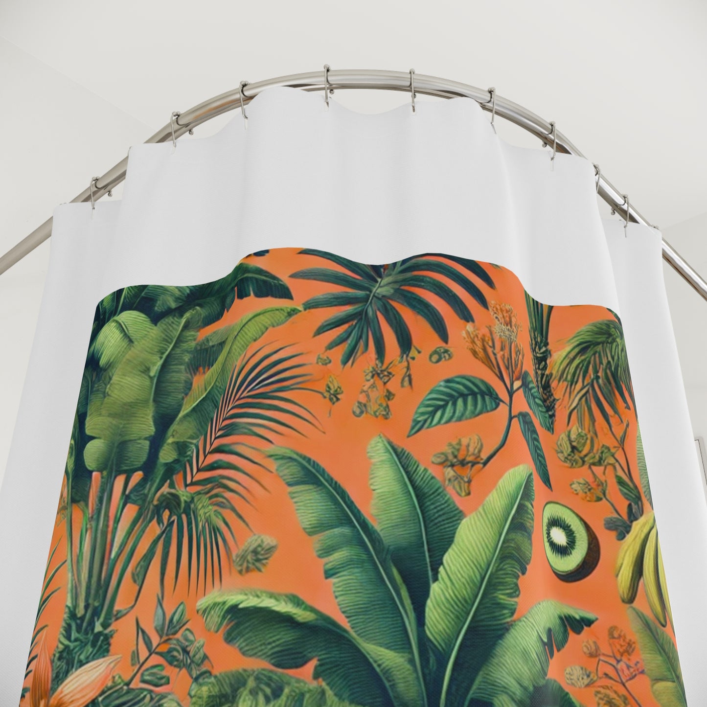 Palm Tree Shower Curtain - Ocean Bathroom Decor / More Tropical Fruit/Coral, White