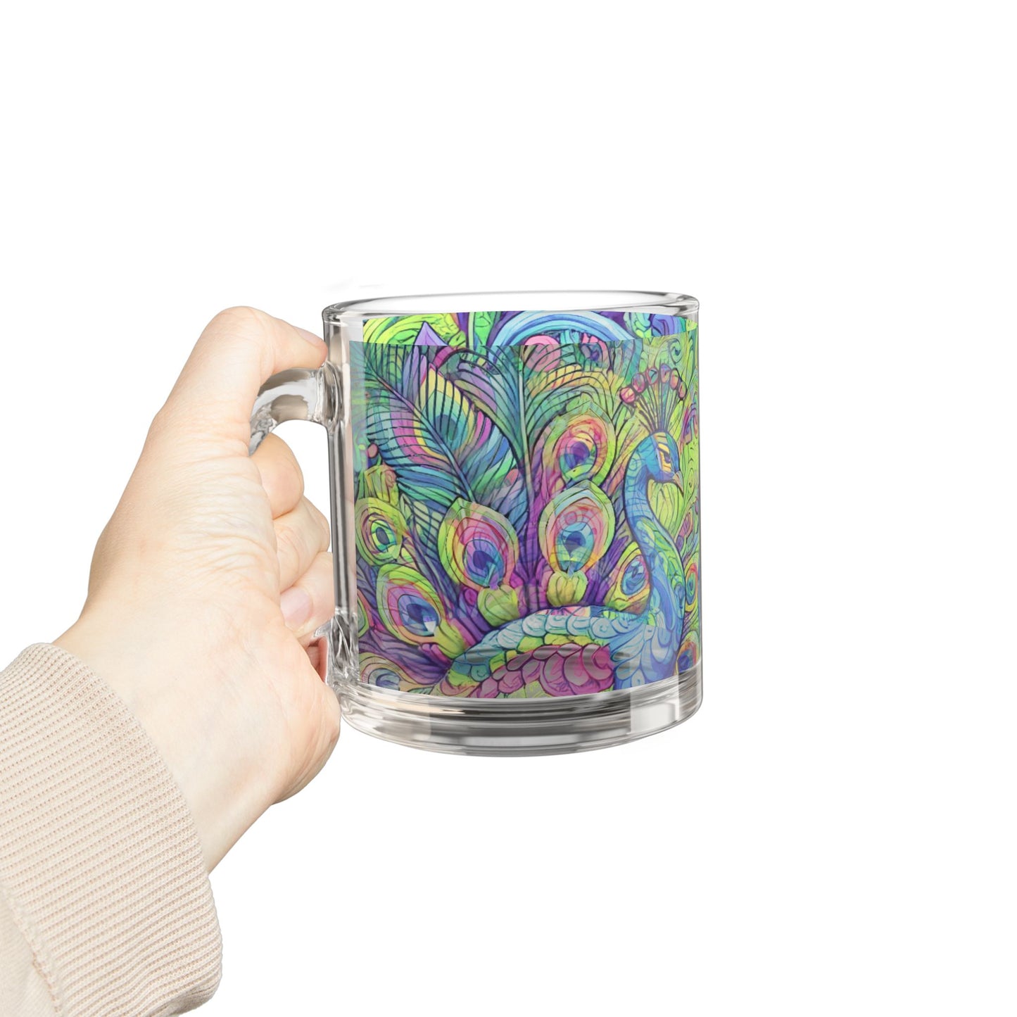 Tropical Glass Mug - 10oz Coffee Cup / Peacock Prism