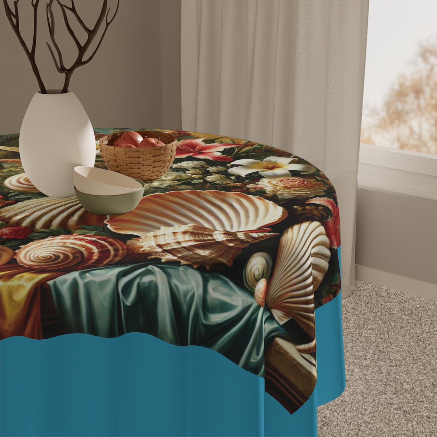 Shells and Flowers/Turquoise ~ Square Tablecloth, 55" x 55"