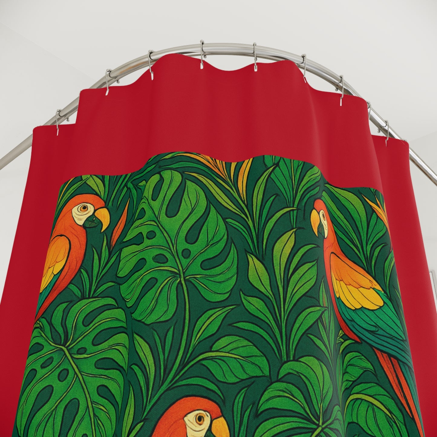 Tropical Shower Curtain - Ocean Bathroom Decor / Parrot Family, Dark Red