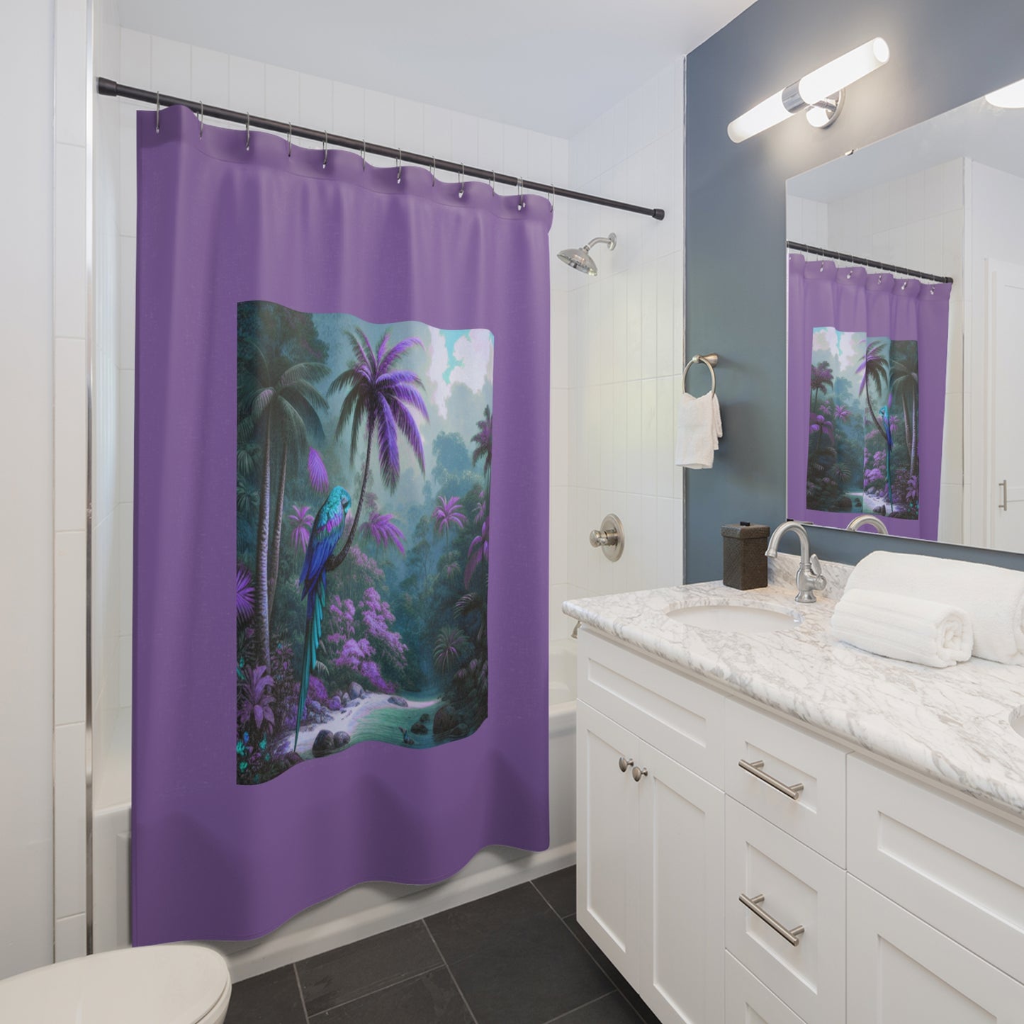 Tropical Shower Curtain - Rainforest Bathroom Decor / Sleeping Beauty Parrot Fantasy, Lt. Purple