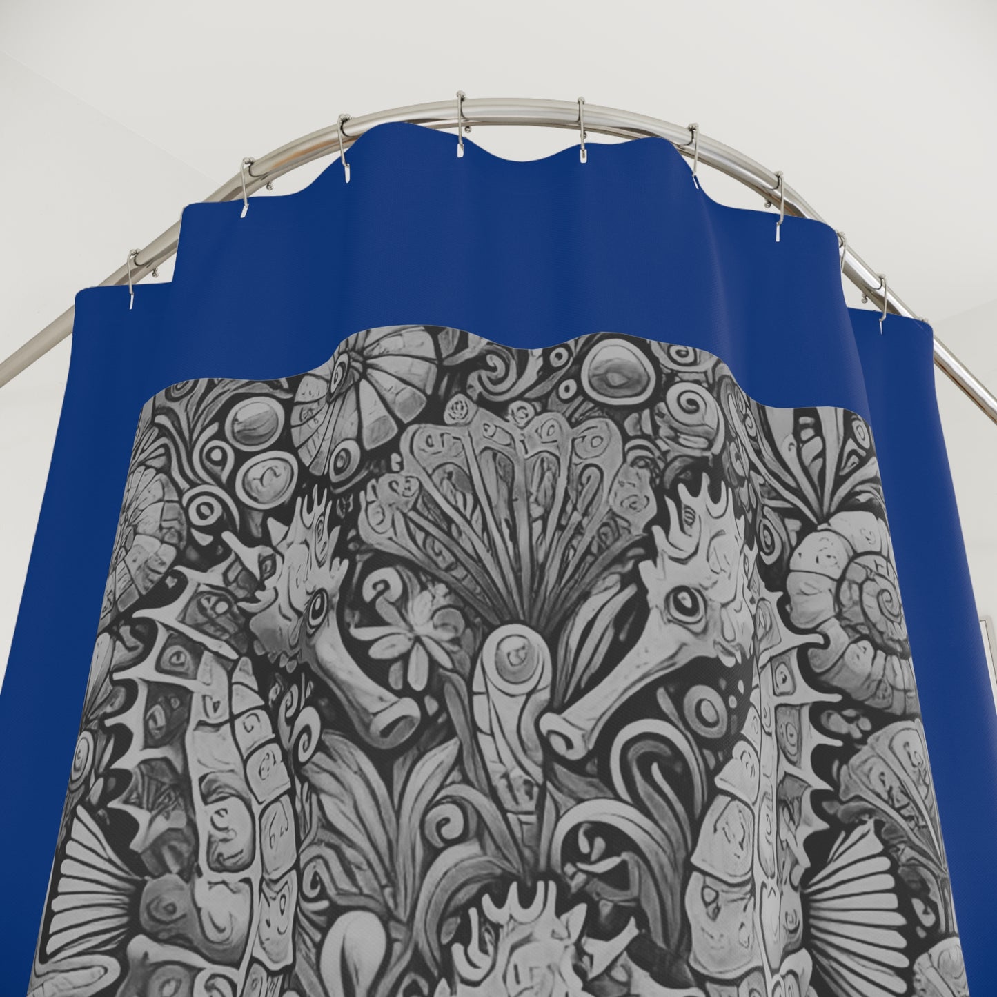 Tropical Shower Curtain - Ocean Bathroom Decor / Seahorse Trio Noir/Navy Blue