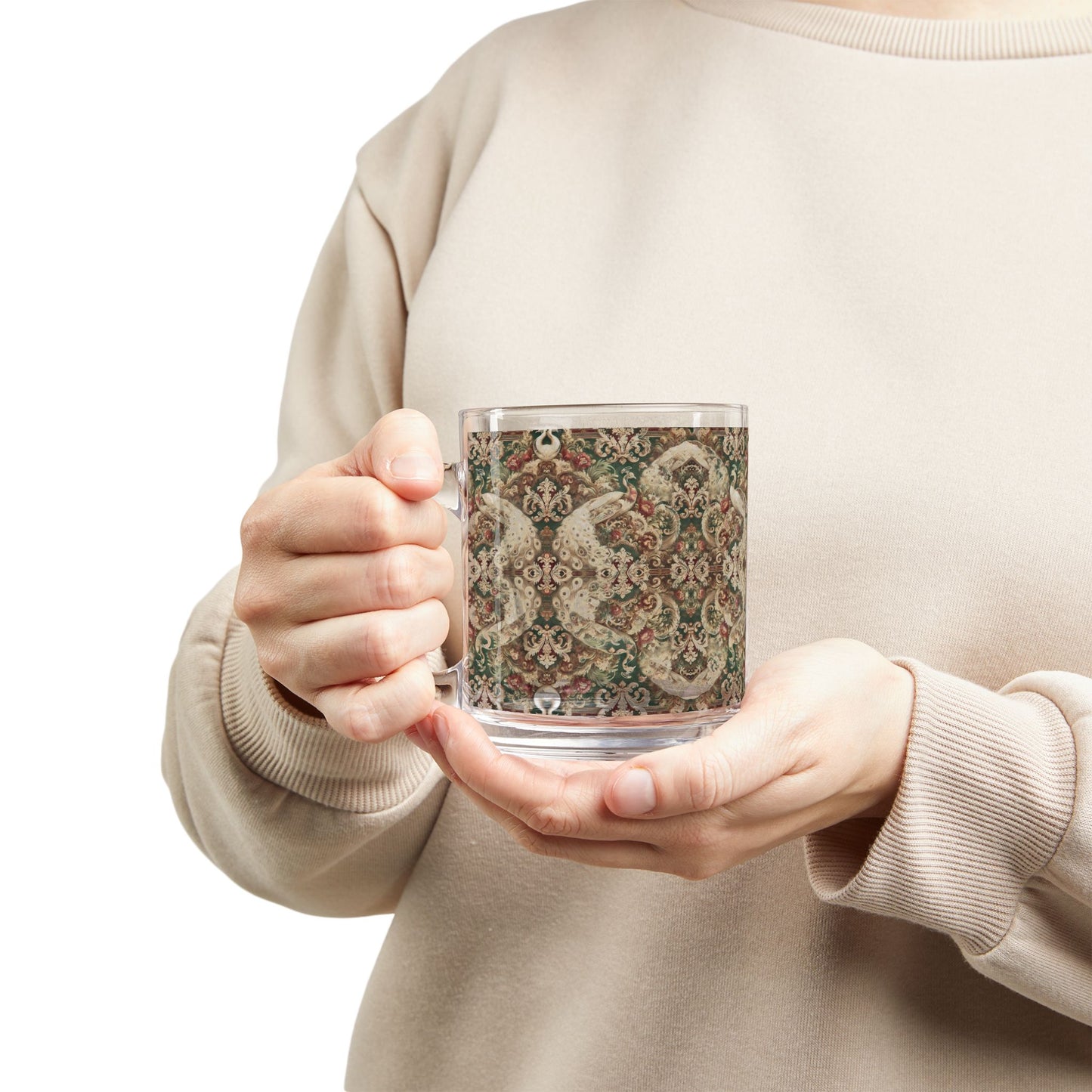 Tropical Glass Mug - 10oz Coffee Cup / White Peacocks Vintage Repeat