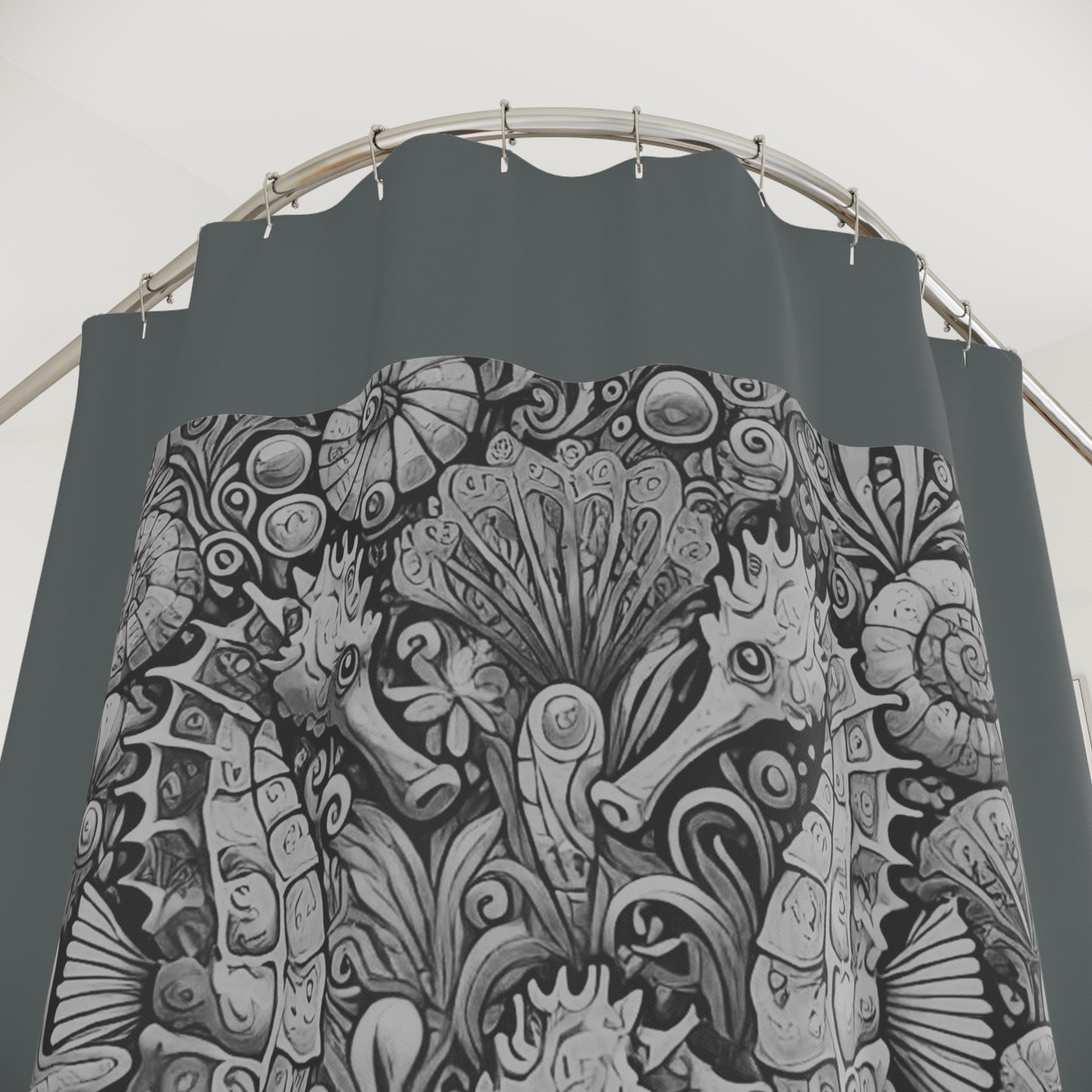 Tropical Shower Curtain - Ocean Bathroom Decor / Seahorse Trio Noir/Dark Grey