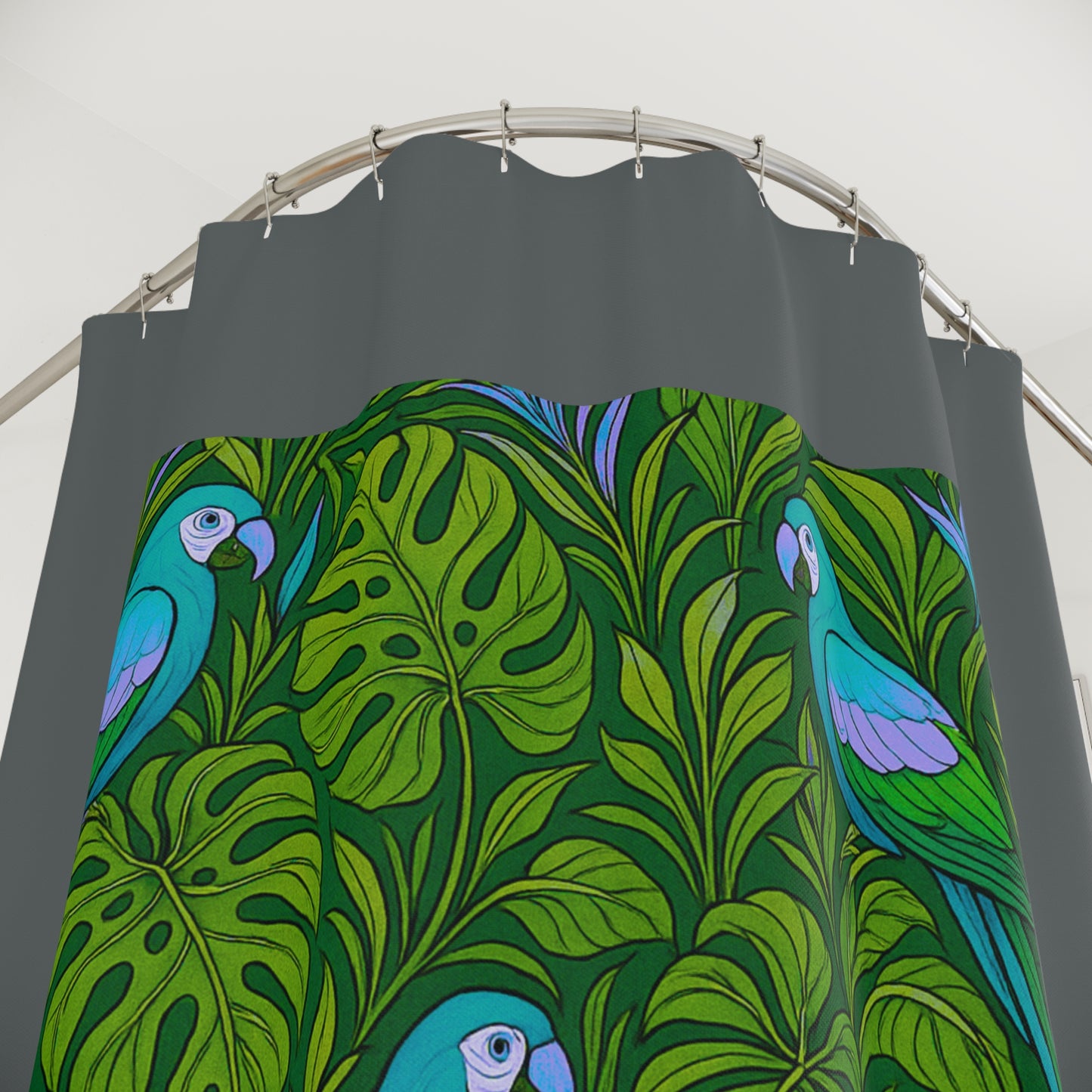 Tropical Shower Curtain - Ocean Bathroom Decor / Parrot Family/Blue, Dark Grey