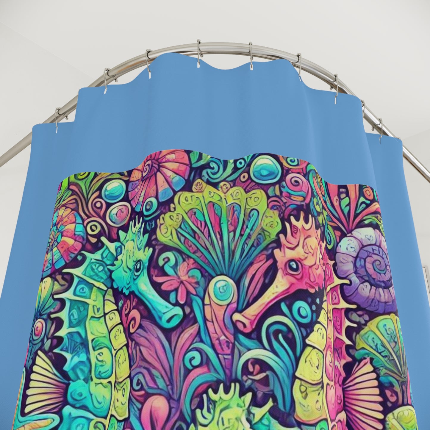 Tropical Shower Curtain - Ocean Bathroom Decor / Seahorse Trio/Lt. Blue