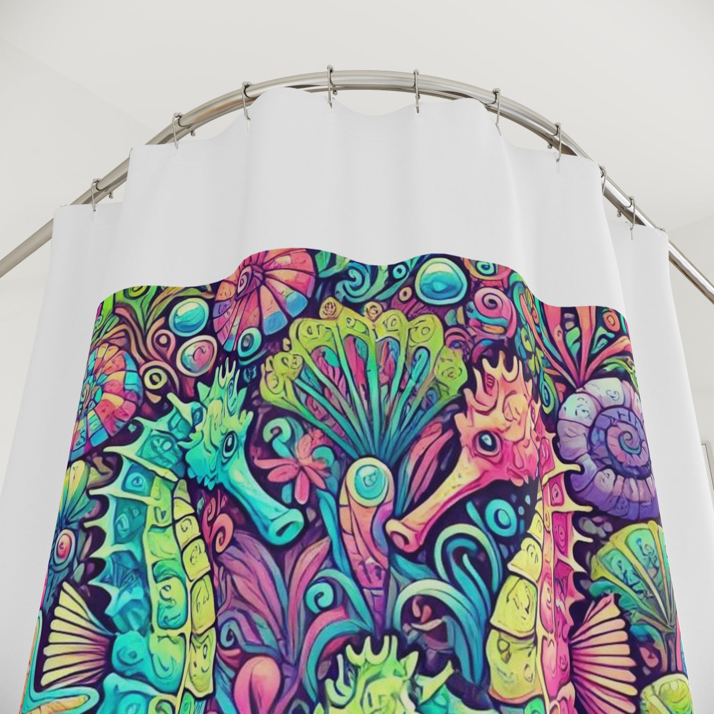 Tropical Shower Curtain - Ocean Bathroom Decor / Seahorse Trio/White