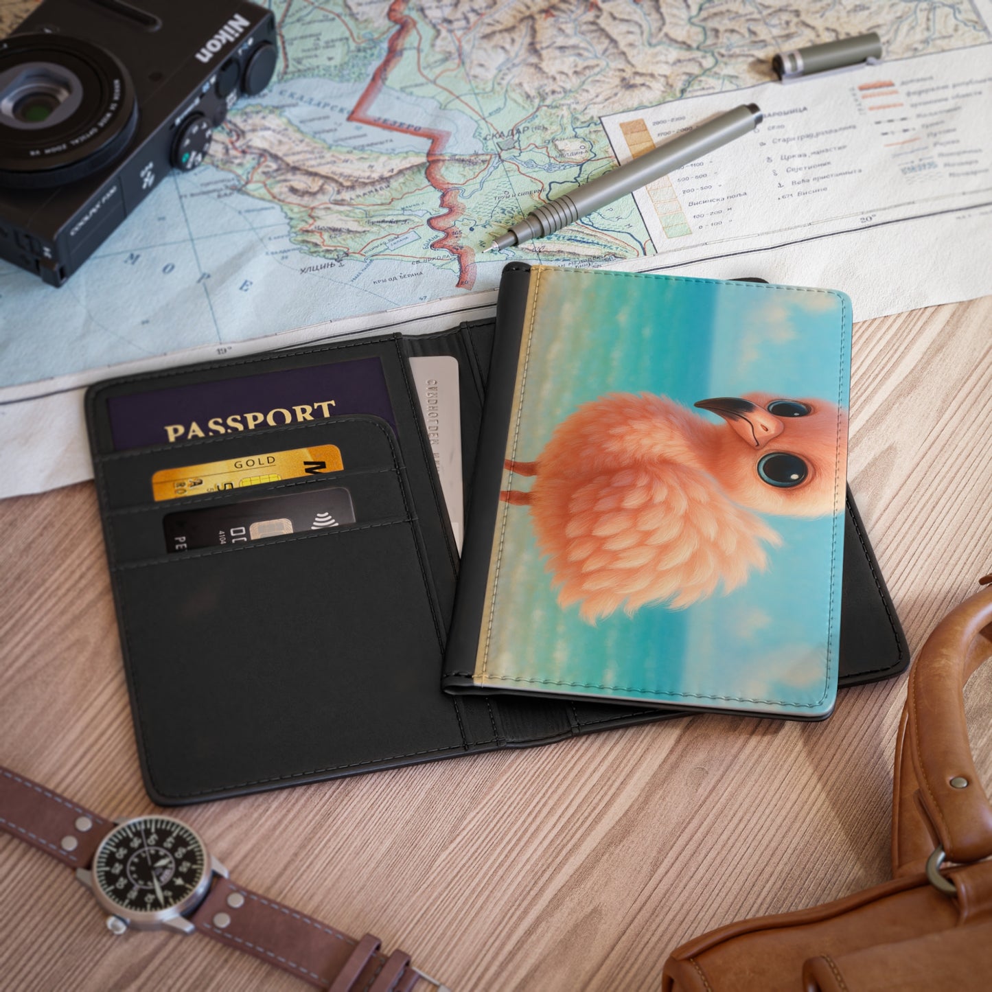 Tropical Passport Cover, Faux Leather - RFID blocking for travel security / Baby Flamingo