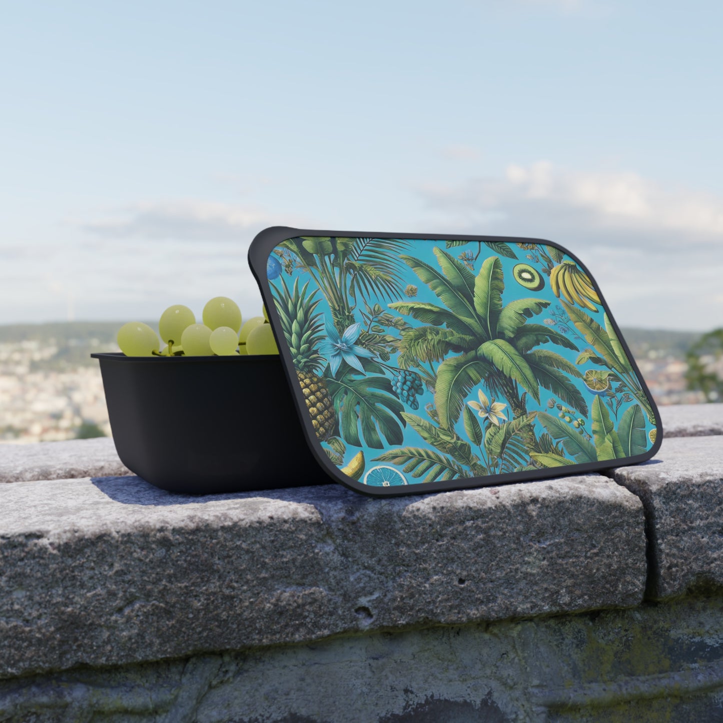 Bento Box with Utensils - More Tropical Fruit, Aqua Blue
