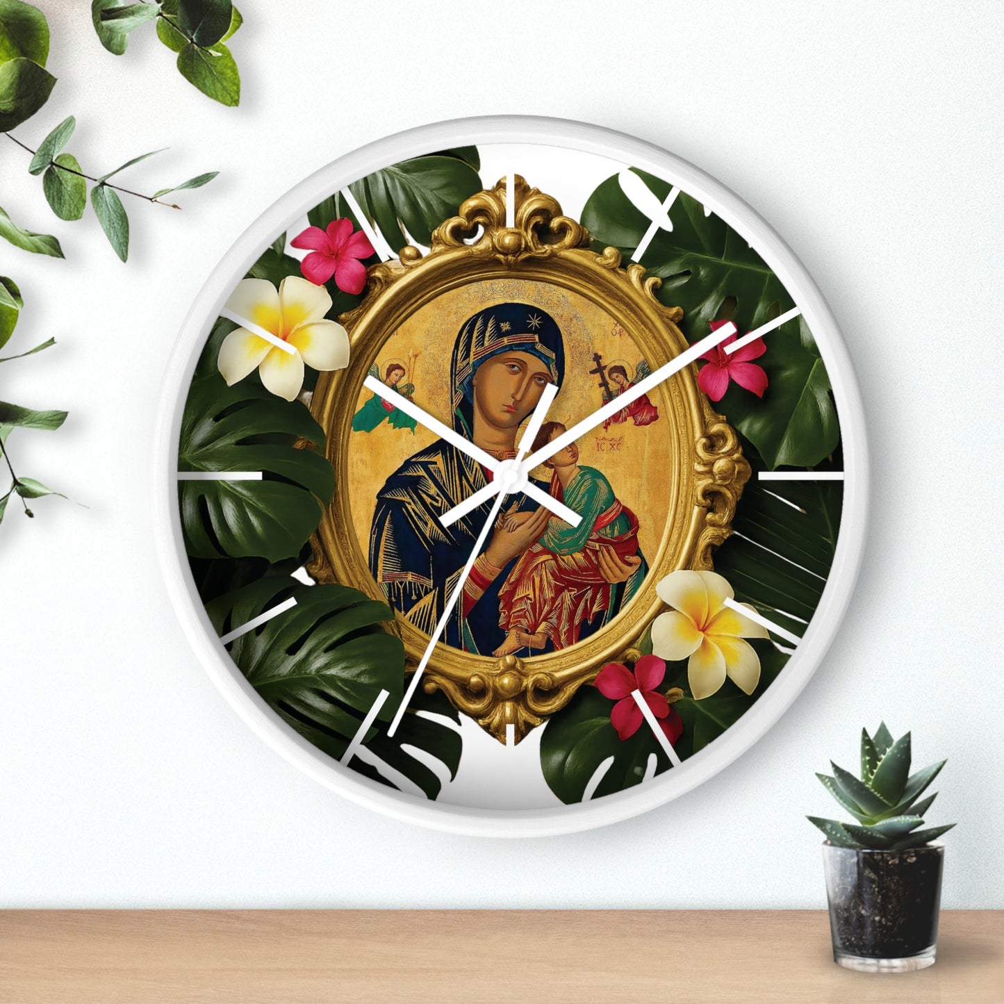 Our Lady of Guadalupe/Monstera, Religious Wall Clock – Fun Home Decor for Nature Lovers, 6 Variants