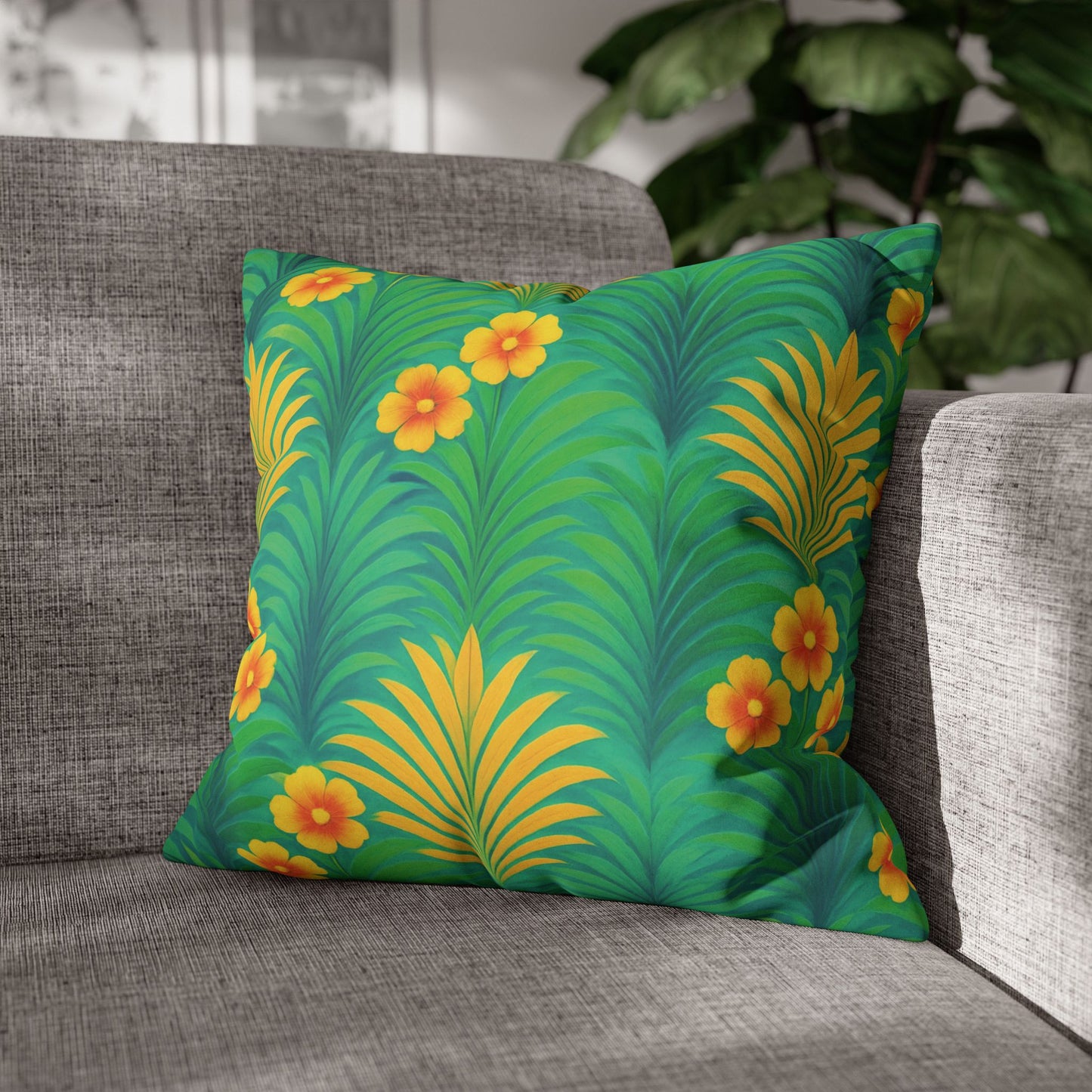 Faux Suede Square Pillowcase - Sunrise Palms/Green