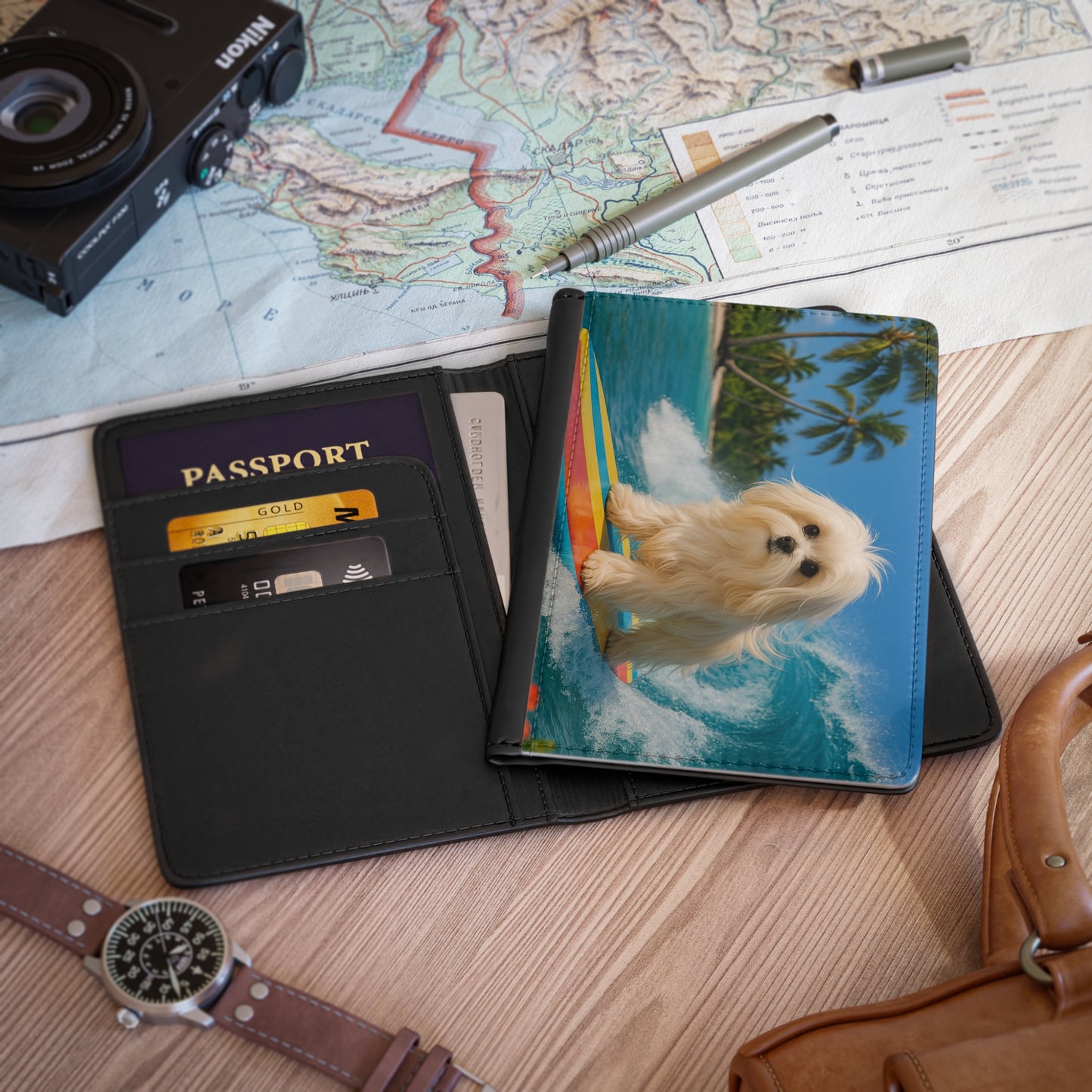 Tropical Passport Cover, Faux Leather - RFID blocking for travel security / Puppy Ariel the Dog Surfer