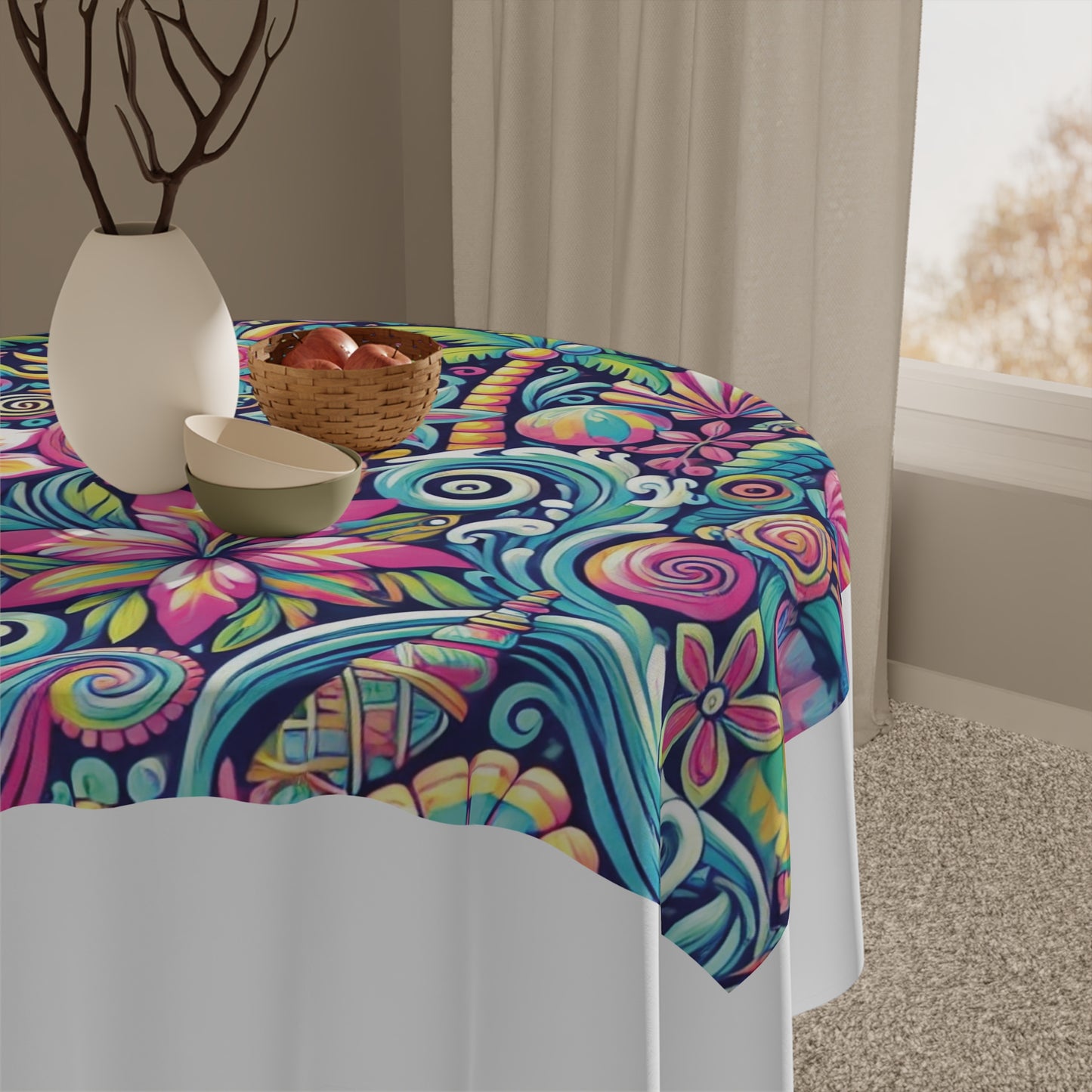 Happy Tropics/White ~ Square Tablecloth, 55" x 55"