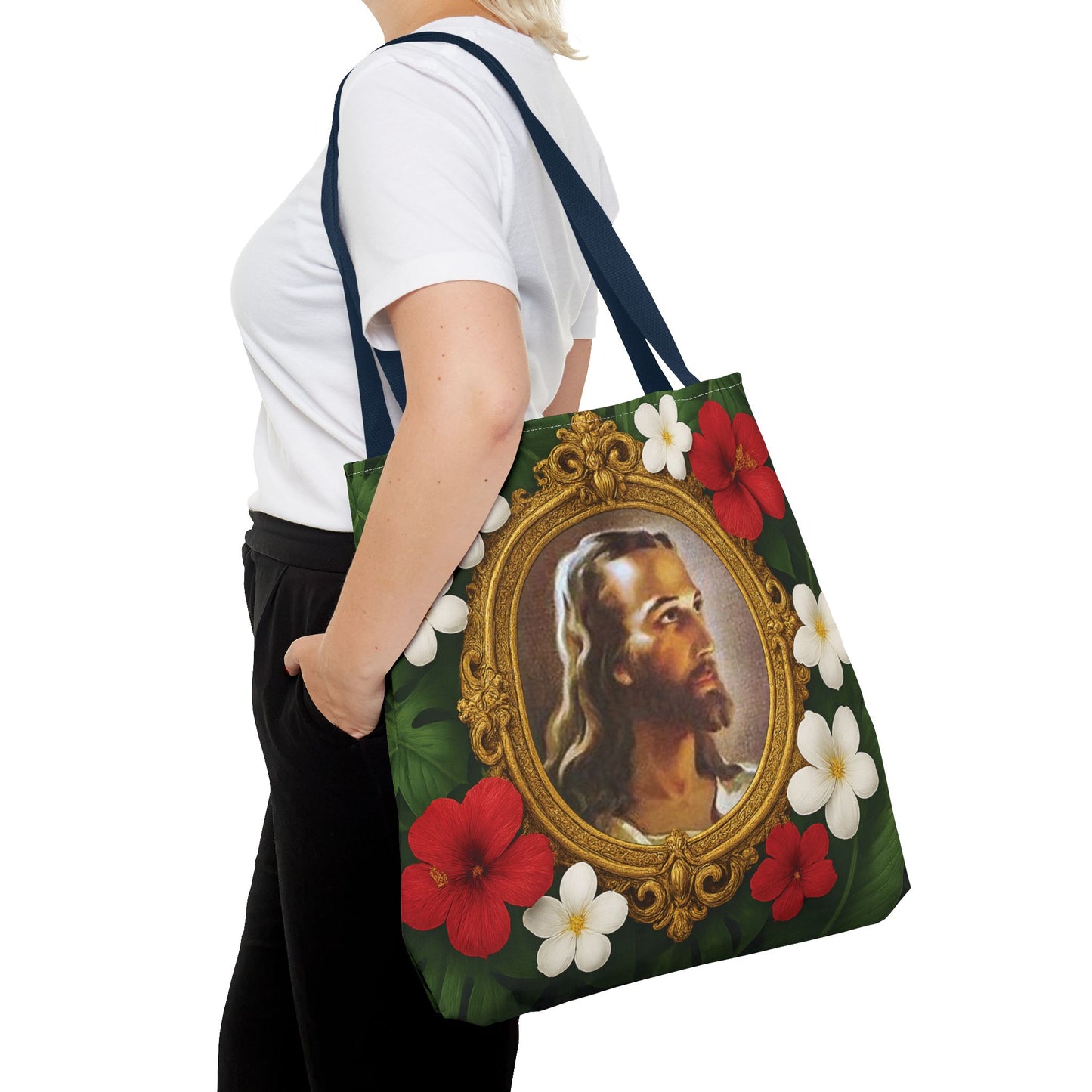 Religious Art Polyester Tote Bag, 3 Sizes / "Head of Christ" Jesus Portrait, Red Flowers