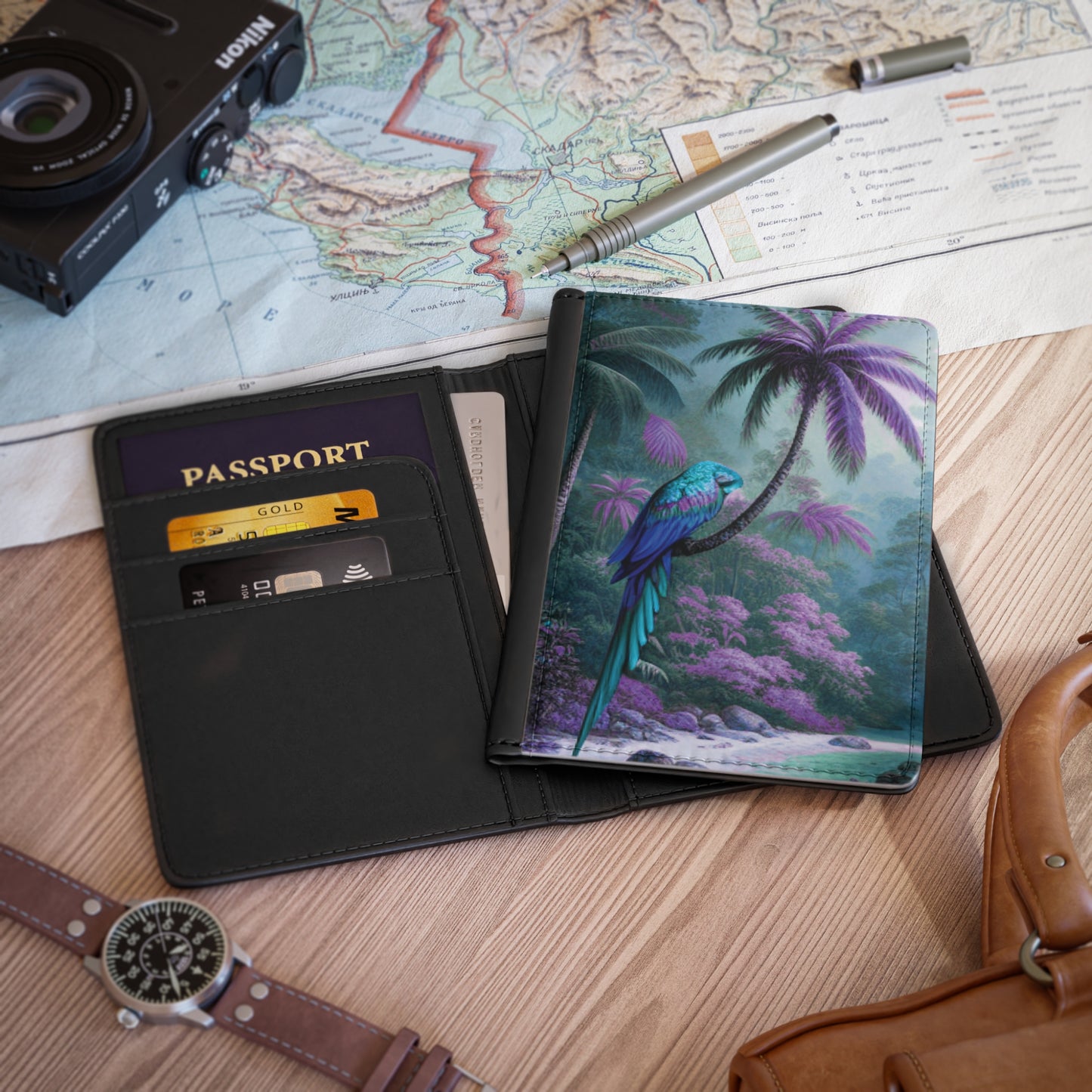Tropical Passport Cover, Faux Leather - RFID blocking for travel security / Rainforest Sleeping Parrot Beauty, Fantasy