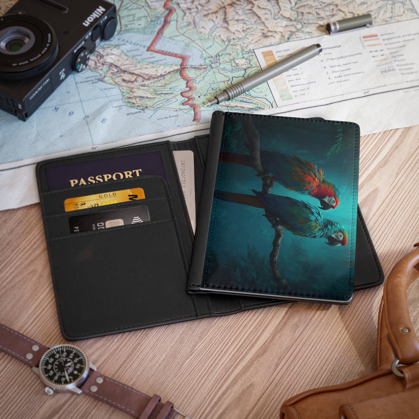 Tropical Passport Cover, Faux Leather - RFID blocking for travel security / Two Parrots in Rainforest