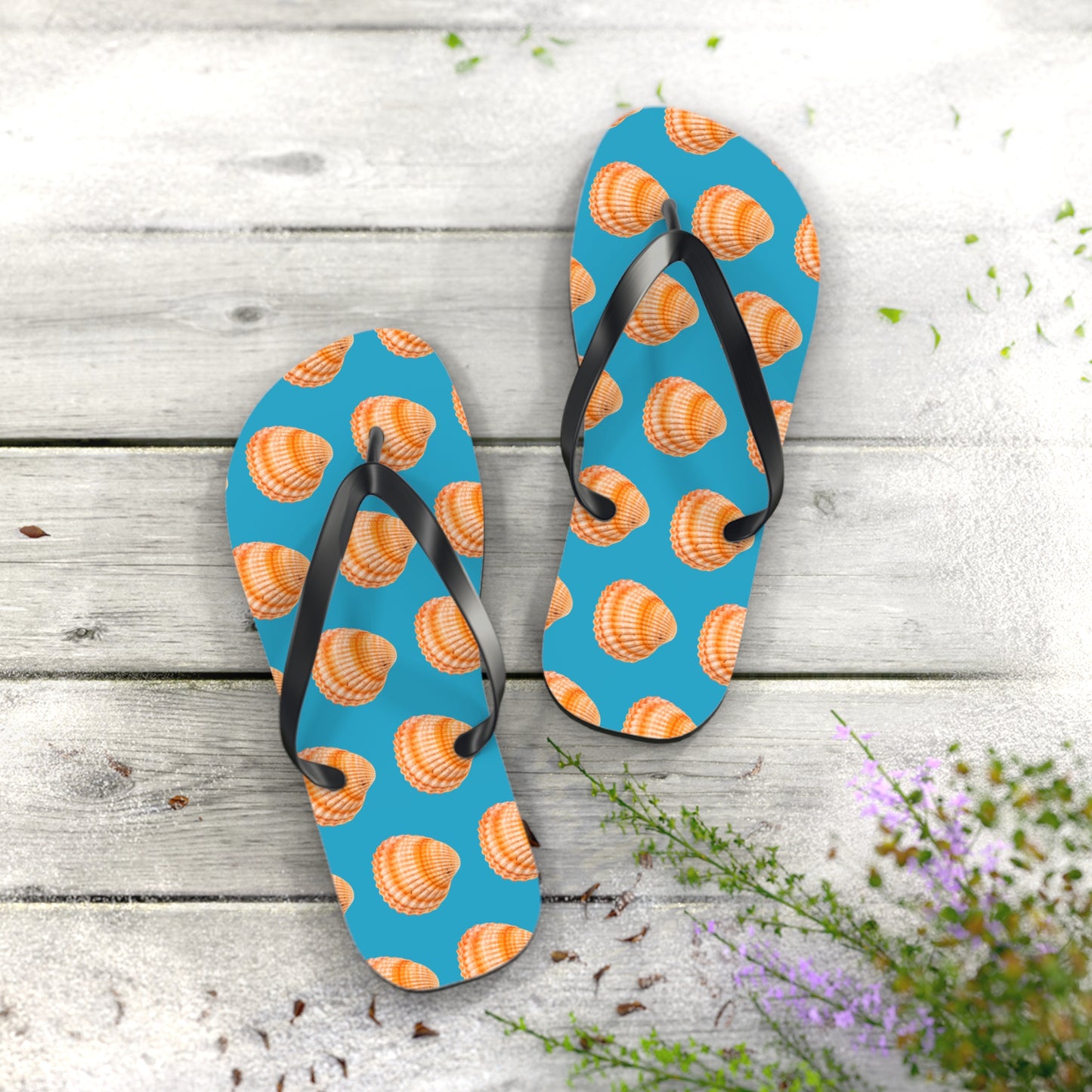 Flip Flops - Orange Scallop Shell, turquoise