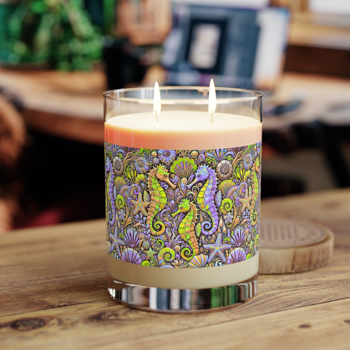 Seahorse Trio/Purple Scented Candle - 11oz Full Glass, Tropical Decor