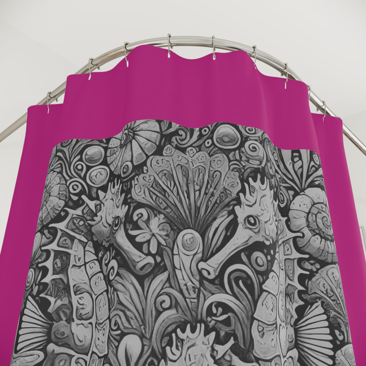 Tropical Shower Curtain - Ocean Bathroom Decor / Seahorse Trio Noir/Pink