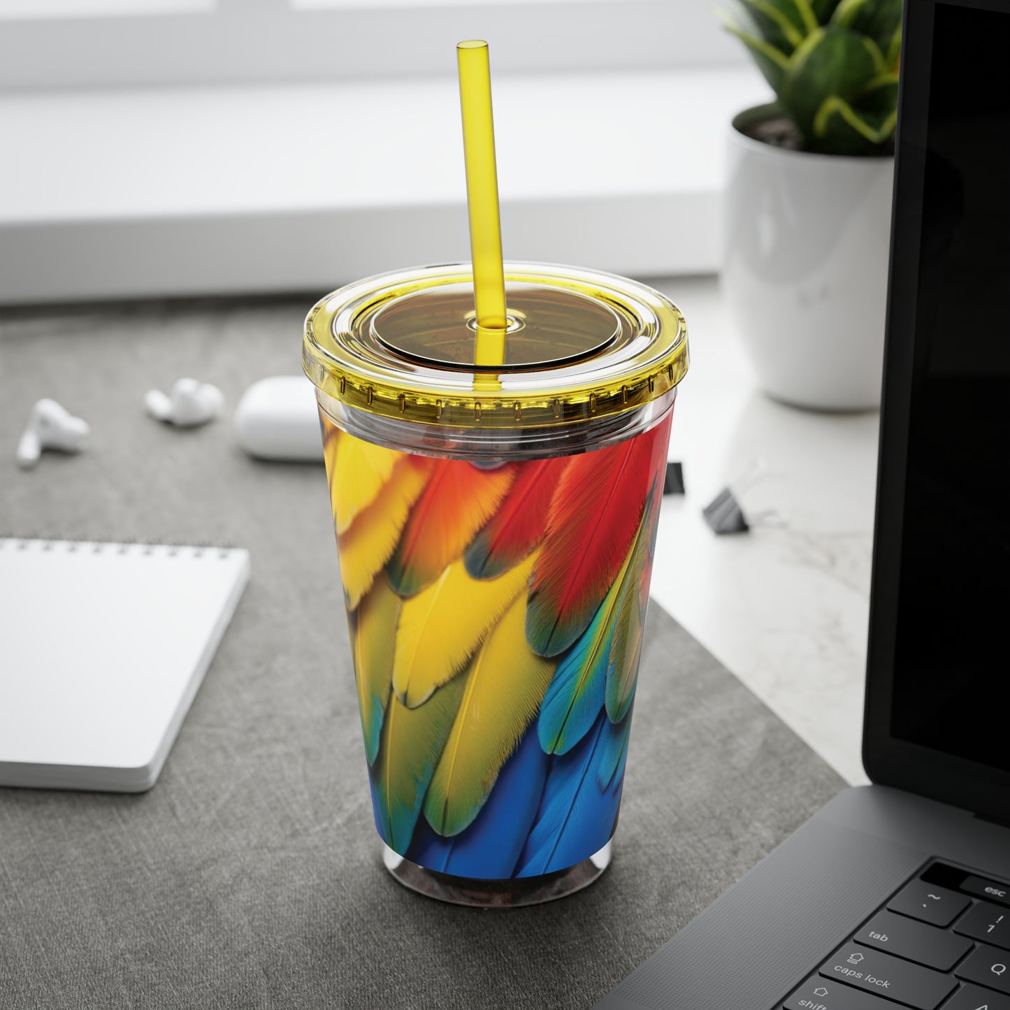 Tropical Tumbler with Straw | 16oz Colorful Travel Cup / Parrot Macaw Feathers