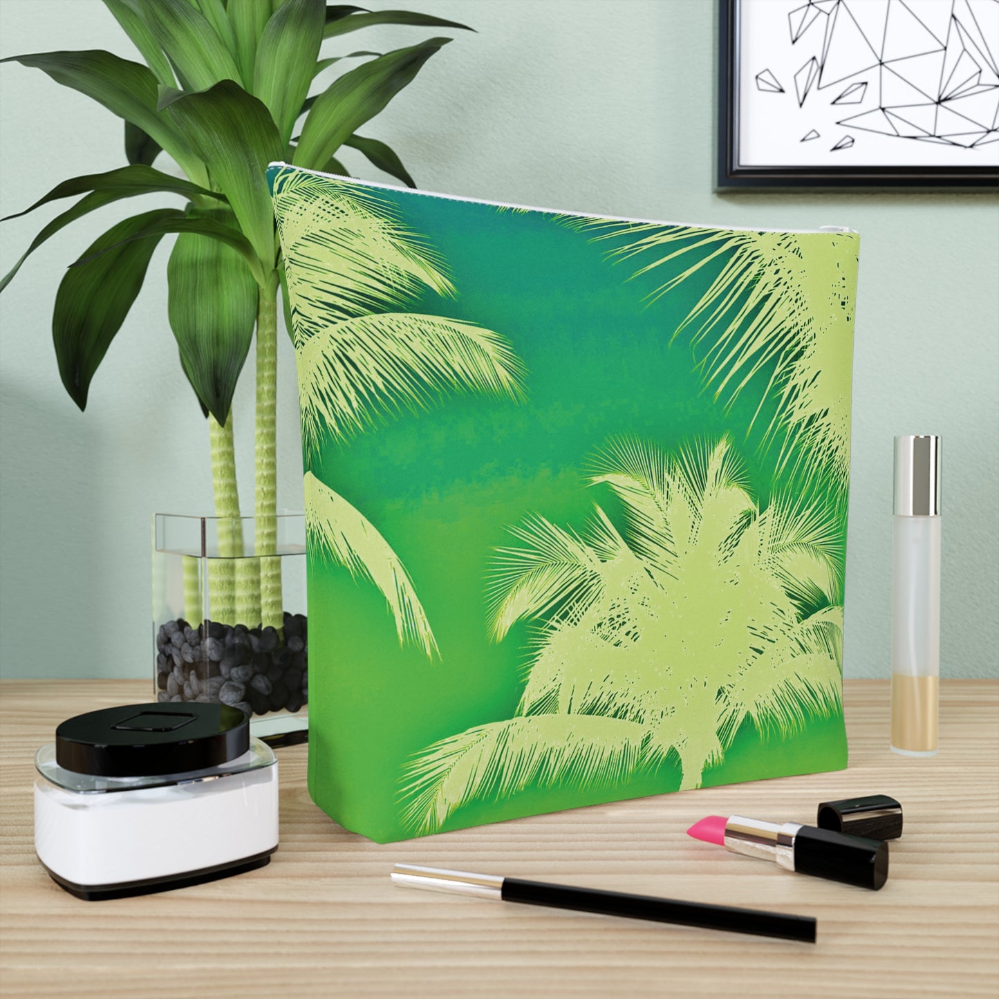 Tropical Cotton Cosmetic Bag, Makeup Pouch, 5 Sizes / Palm Glow, Green