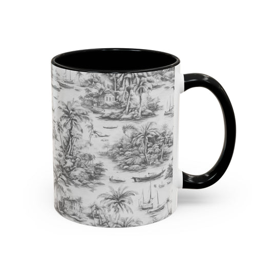Accent Color Coffee Mug (11, 15oz), 8 Colors - Tropical Toile #1, soft black