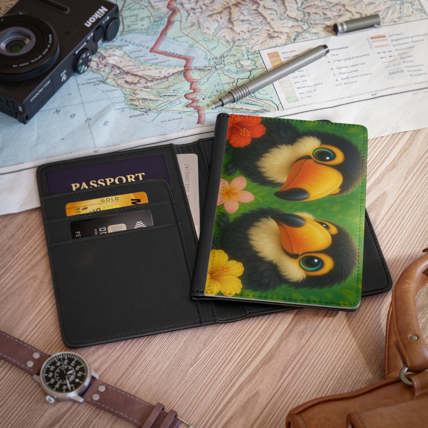 Tropical Passport Cover, Faux Leather - RFID blocking for travel security / Rainforest Baby Two Toucans