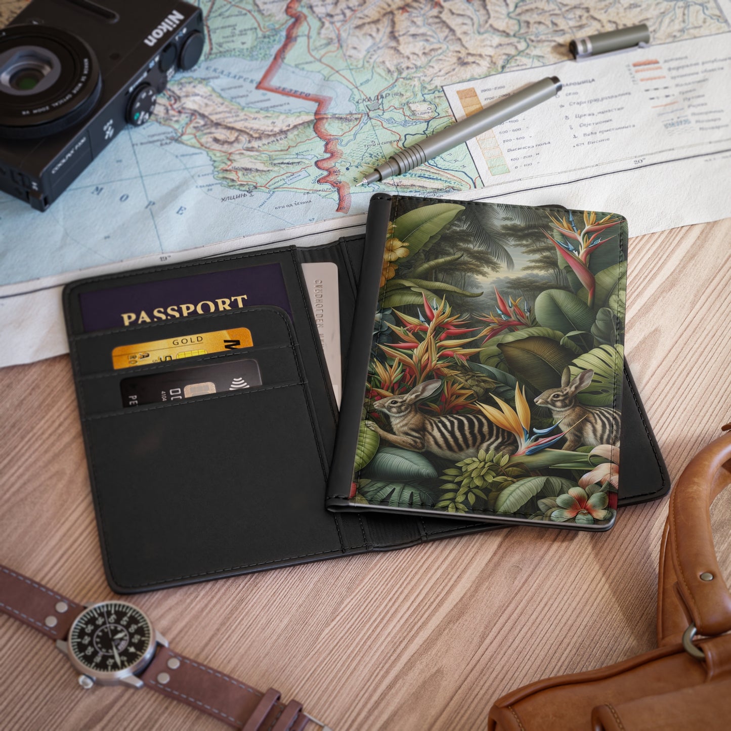 Tropical Passport Cover, Faux Leather - RFID blocking for travel security / Rainforest Rabbit Outing