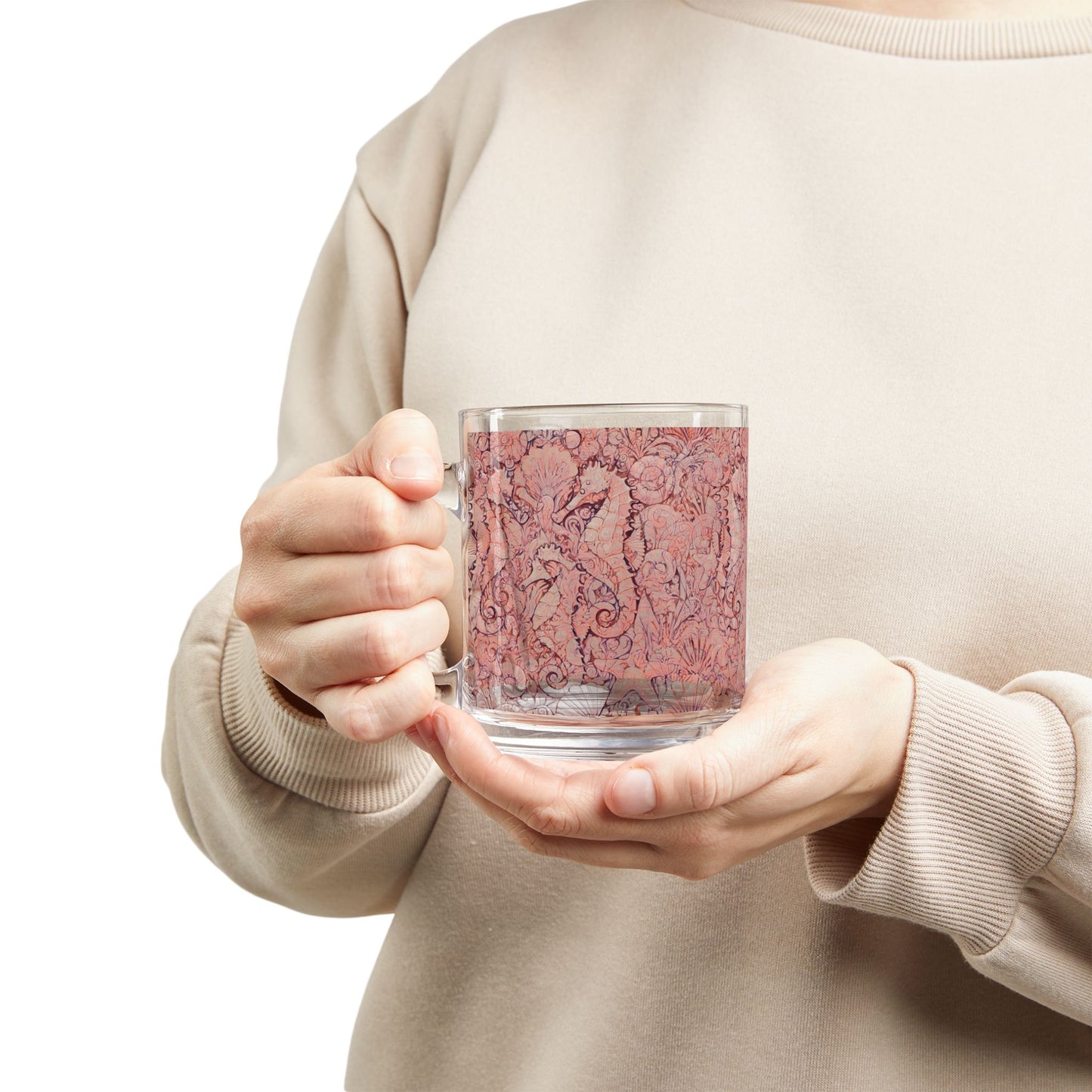 Tropical Glass Mug - 10oz Coffee Cup / Seahorses, Red