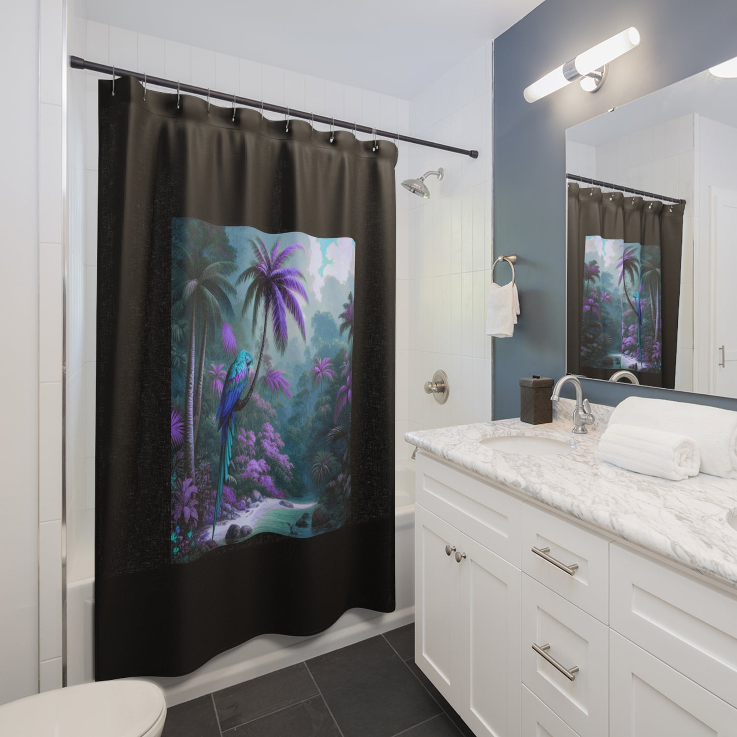Tropical Shower Curtain - Rainforest Bathroom Decor / Sleeping Beauty Parrot Fantasy, Black