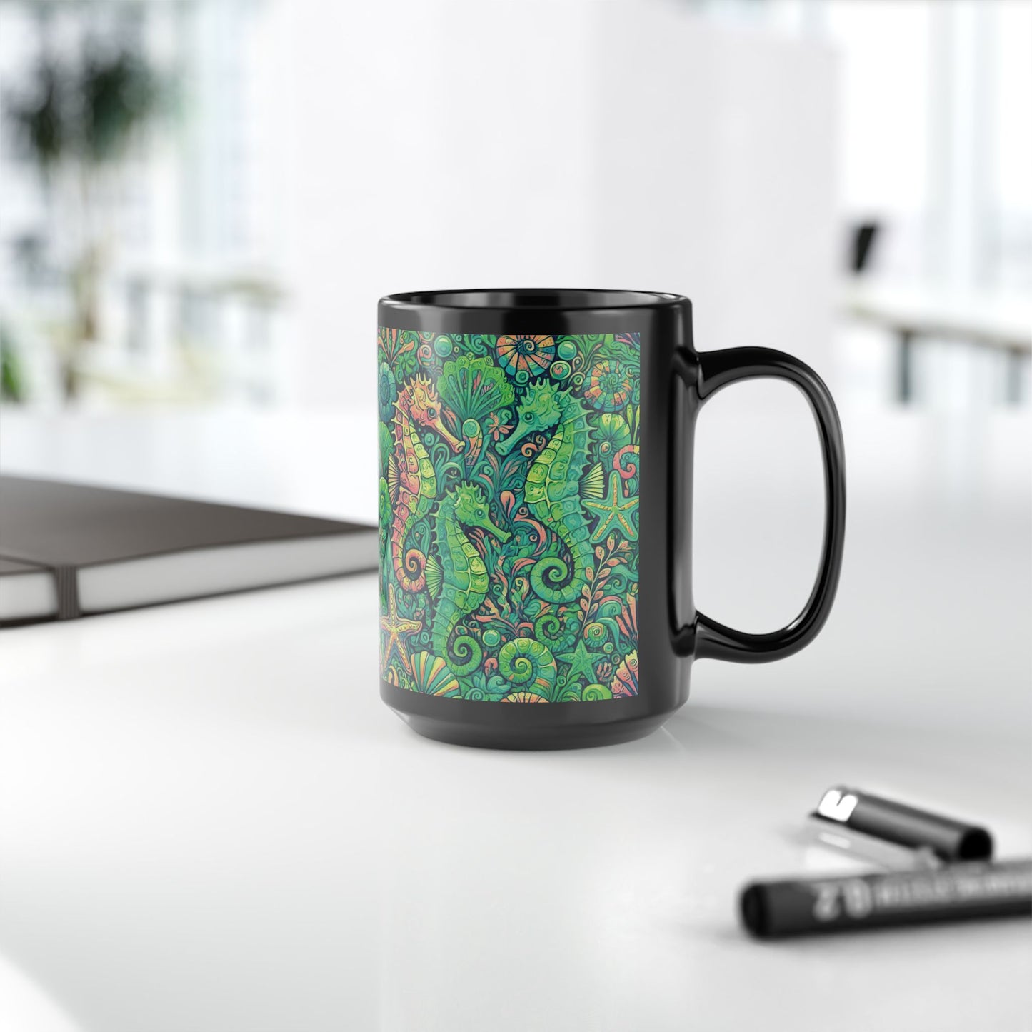 Black Coffee Mug - Seahorse Trio, Lime