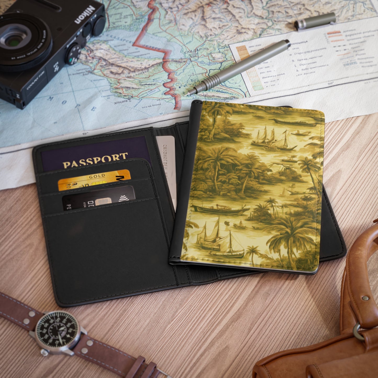 Tropical Passport Cover, Faux Leather - RFID blocking for travel security / Tropical Toile, Gold