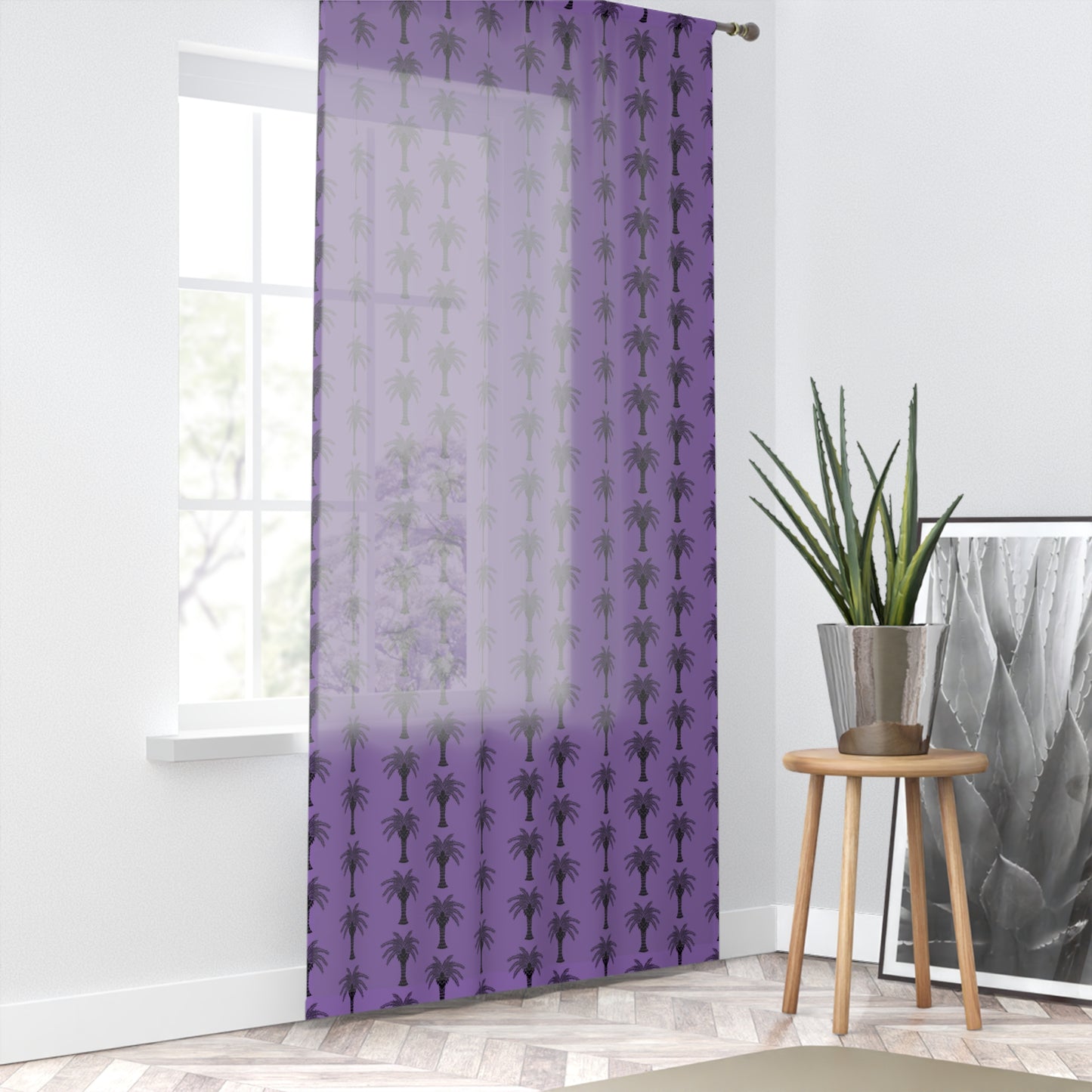 Deco Palm/Light Purple Semi-Transparent Window Curtain, 50" x 84" - Colorful Tropical Home Décor