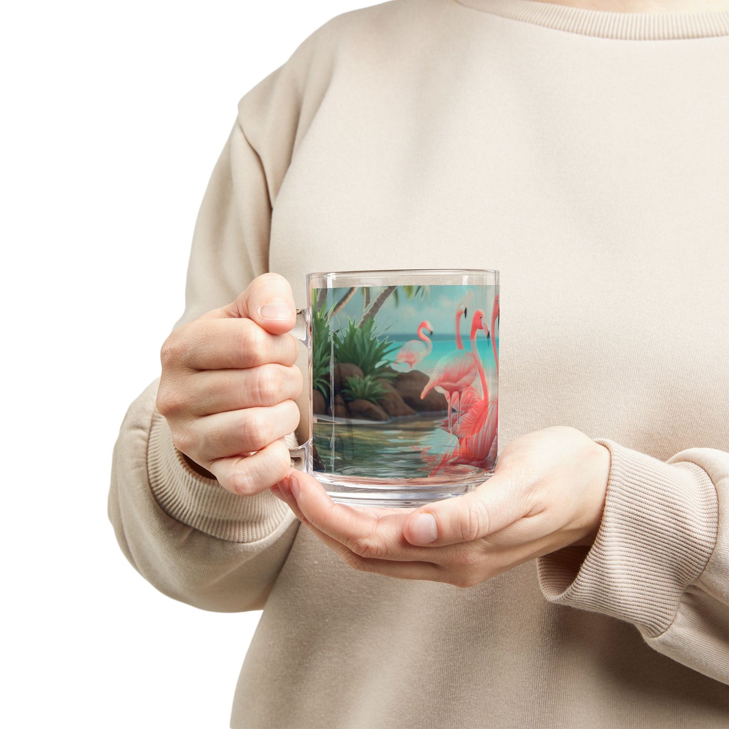Tropical Glass Mug - 10oz Coffee Cup / Flamingo Morning Dip