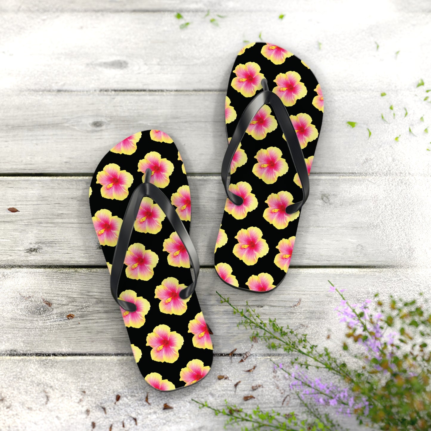 Flip Flops - Yellow & Pink Hibiscus/Black