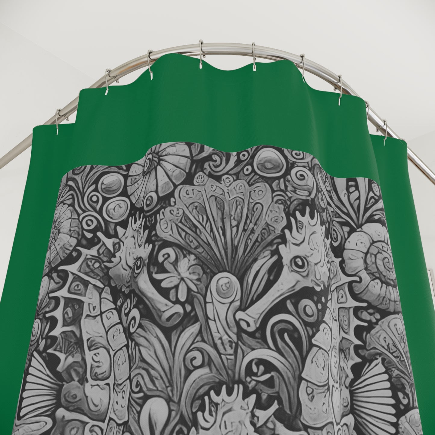 Tropical Shower Curtain - Ocean Bathroom Decor / Seahorse Trio Noir/Green