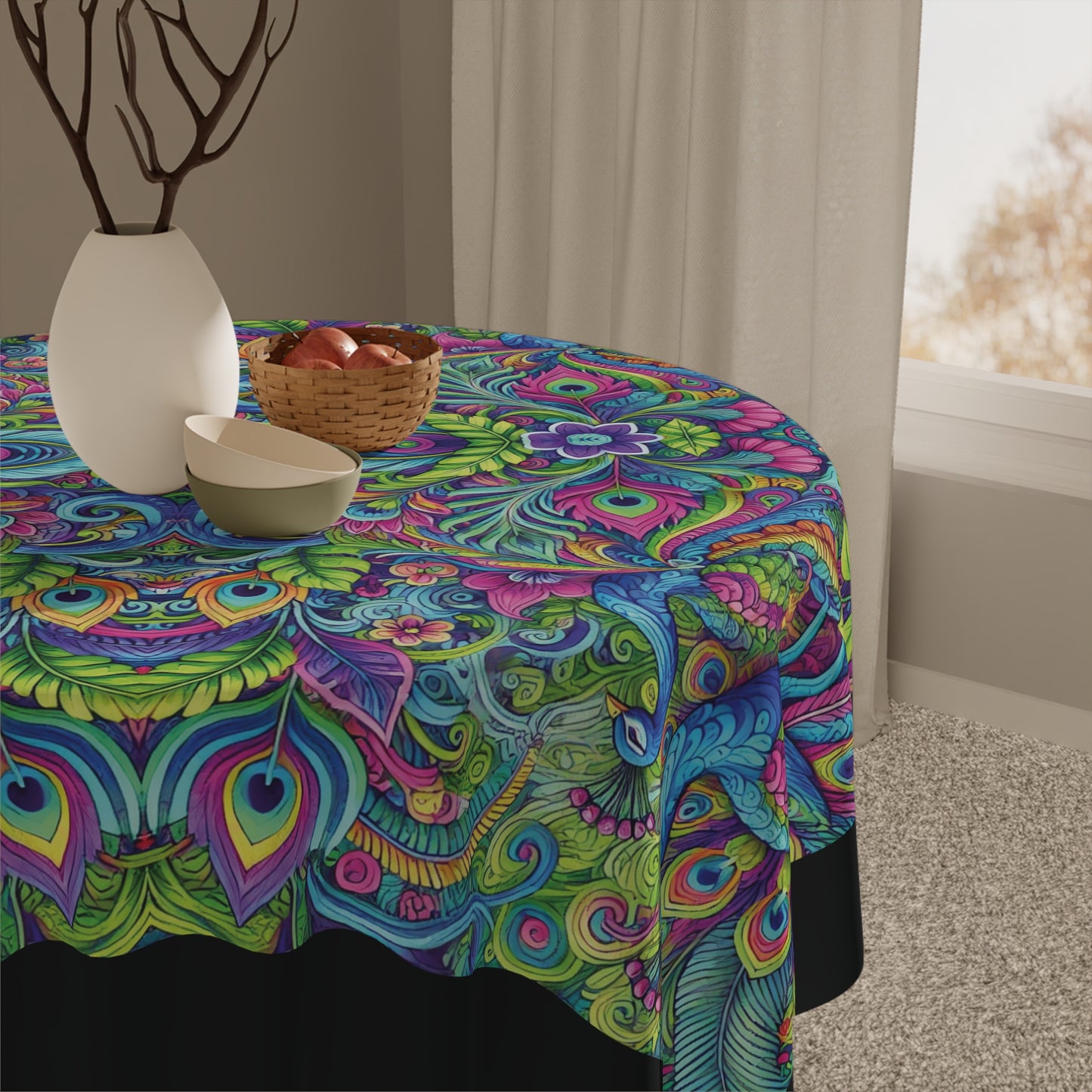 Peacock Prism/Black ~ Square Tablecloth, 55" x 55"