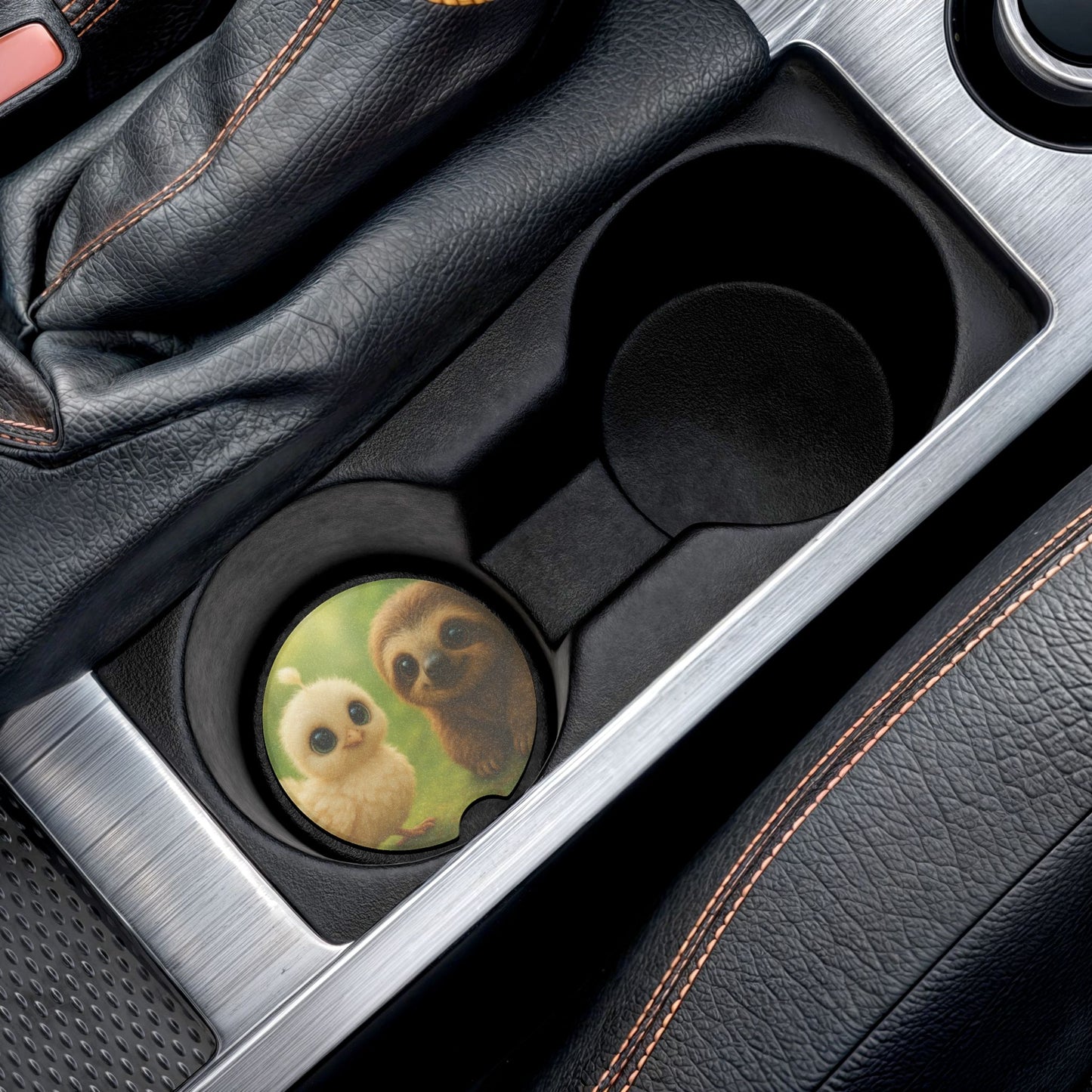 Soapstone Car Coaster - Baby White Peacock and Baby Sloth