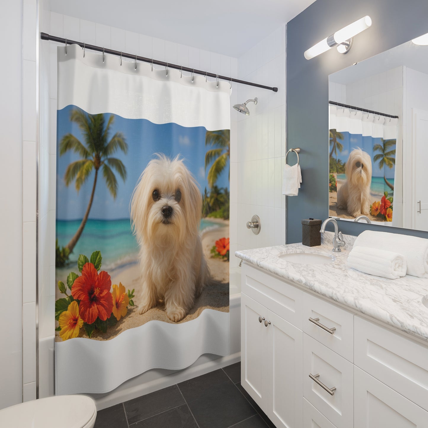Tropical Shower Curtain - Rainforest Bathroom Decor / Puppy Ariel at the Beach