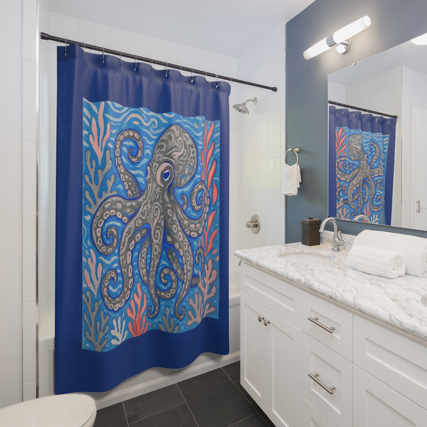 Tropical Shower Curtain - Rainforest Bathroom Decor / Kraken Joe Slate/Dark Blue