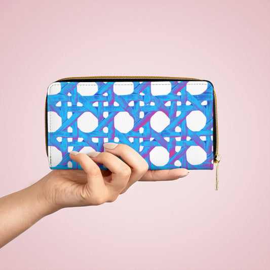 Tropical Zipper Wallet, Faux Leather / Vibrant Clutch / Beach Chair Wicker, Turquoise Pop