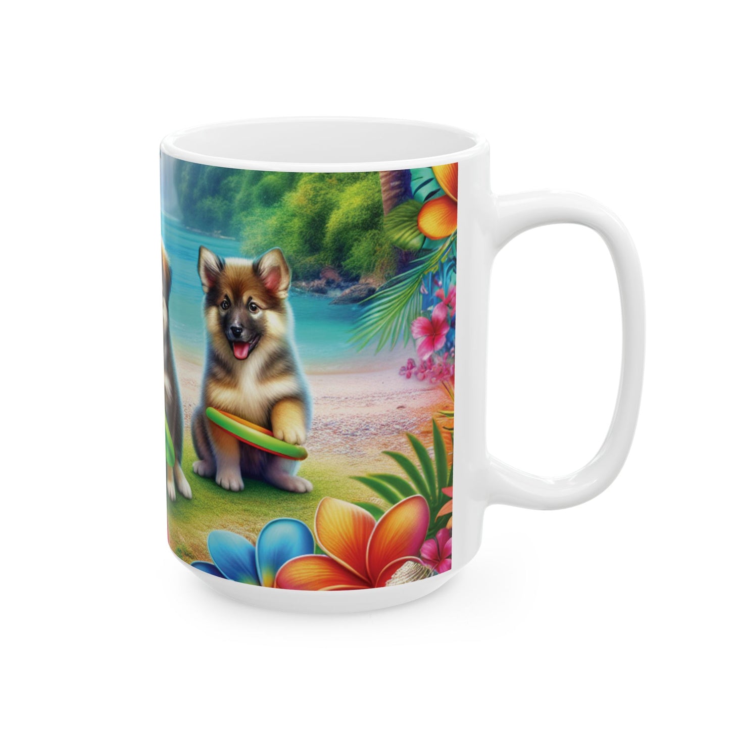 Ceramic White Mug - 11oz & 15oz, Puppies Playing Frisbee at Beach
