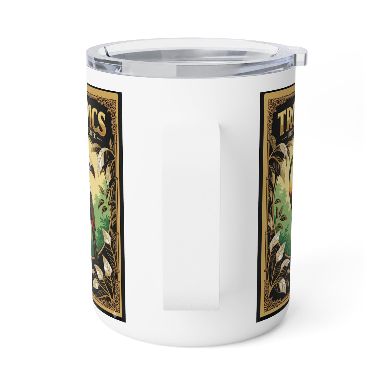 Tropical Insulated Coffee Mug, 10oz / Toucan Poster Gold Logo