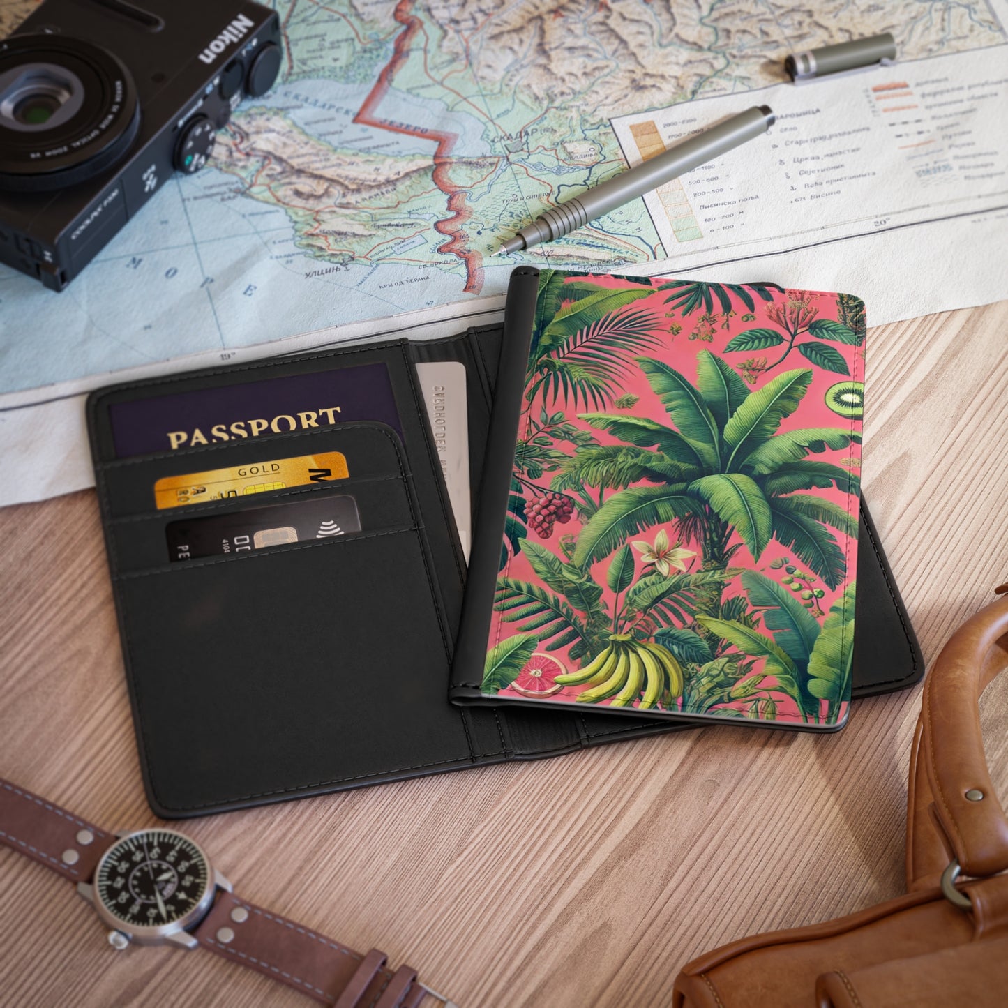 Tropical Passport Cover, Faux Leather - RFID blocking for travel security / Tropical Fruits, Pink