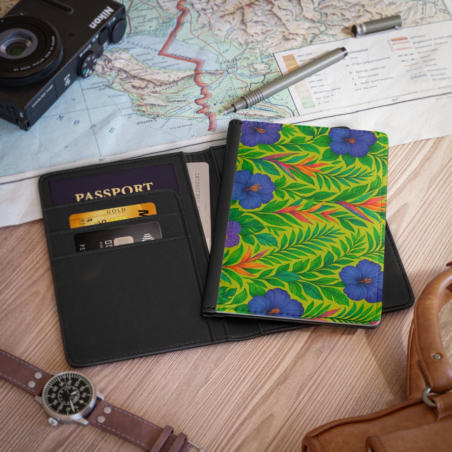 Tropical Passport Cover, Faux Leather - RFID blocking for travel security / Midnight Flowers, Green